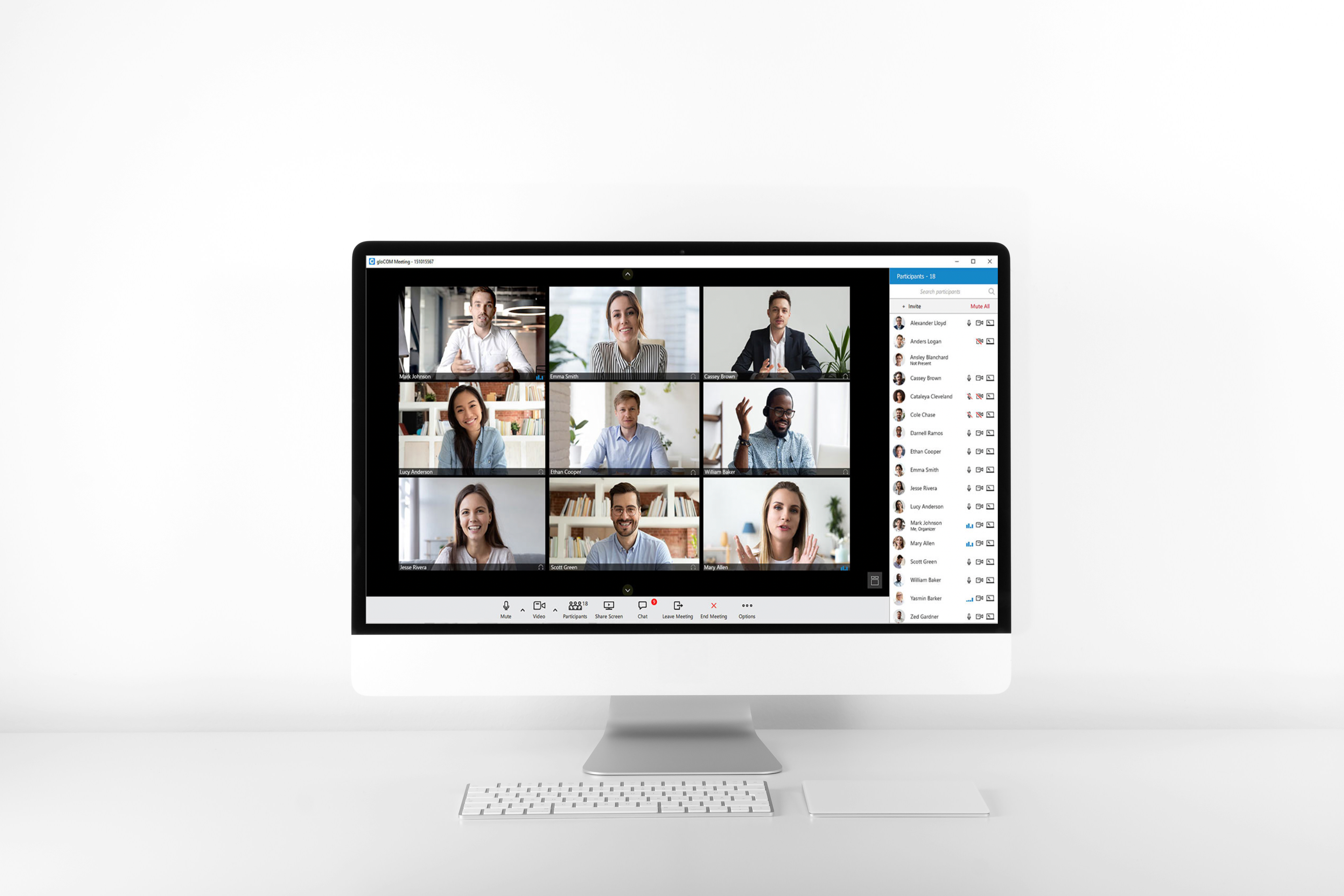 Stream meetings interface showing a video call with thumbnails and chat panel.