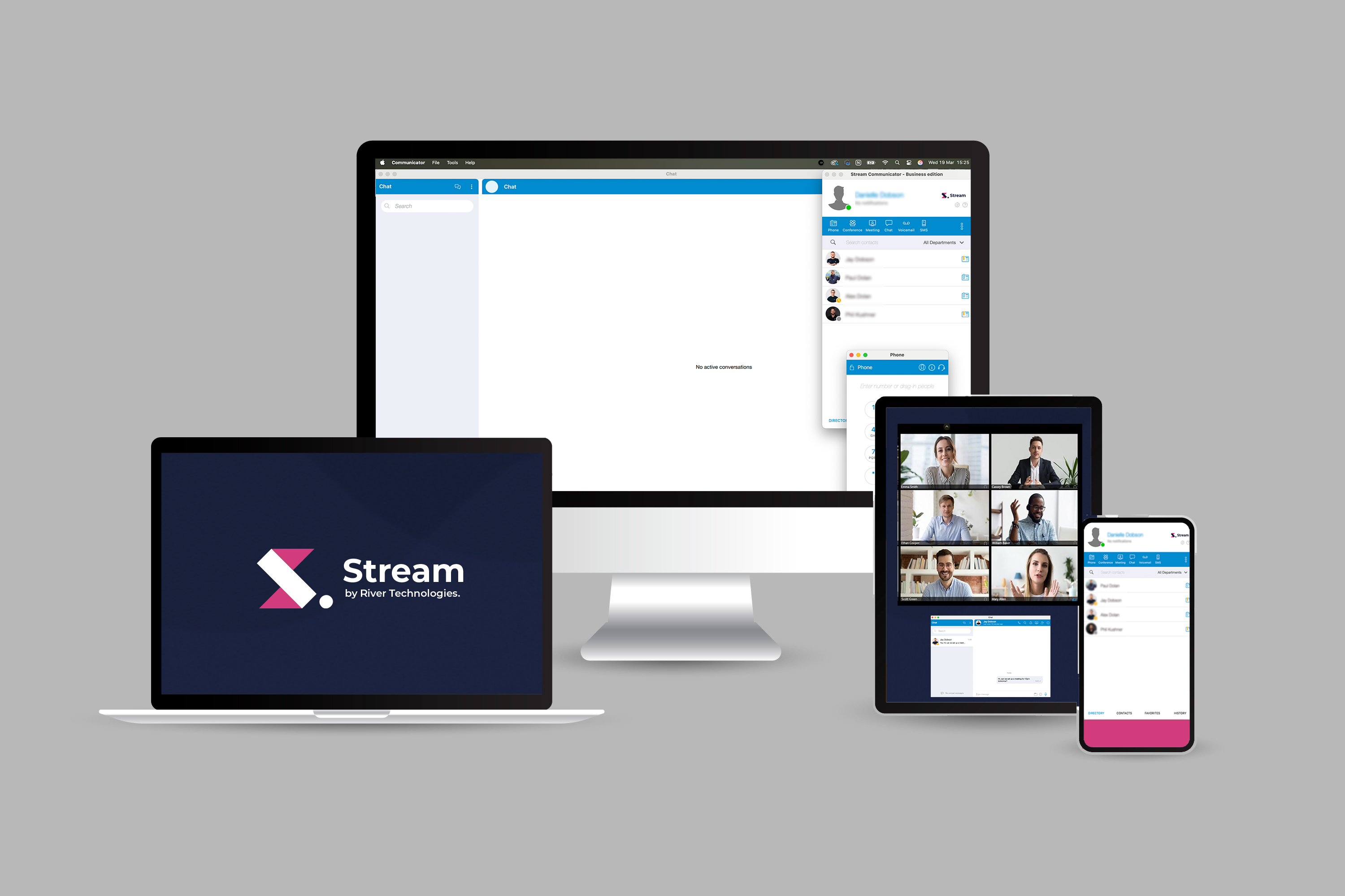Stream multi-channel inbox showing a single customer thread with mixed call/SMS/email entries.